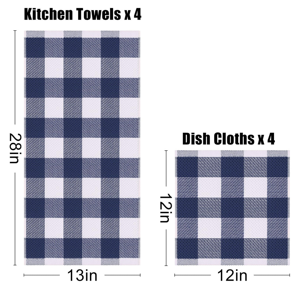 Homaxy Kitchen Towels and Dishcloths Set, 12 x 12 and 13 x 28 Inches, Set of 8 100% Cotton Waffle Weave Check Plaid Kitchen Dish Towels, Super Soft and Absorbent Dish Cloths, White & Navy Blue