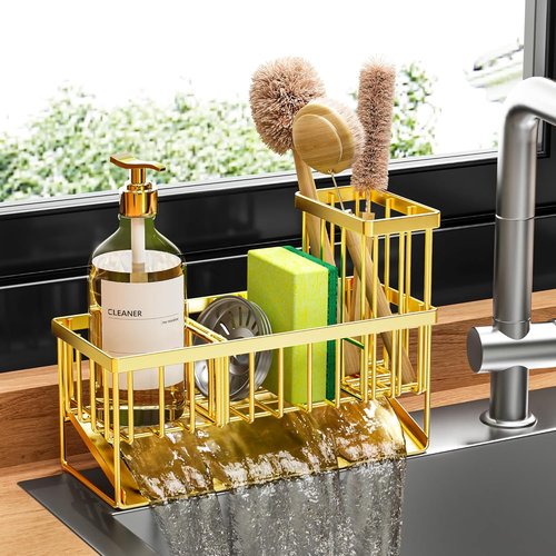 Cisily Gold Kitchen Sink Caddy Organizer - Rustproof 304 Stainless Steel with Brush & Sponge Holder