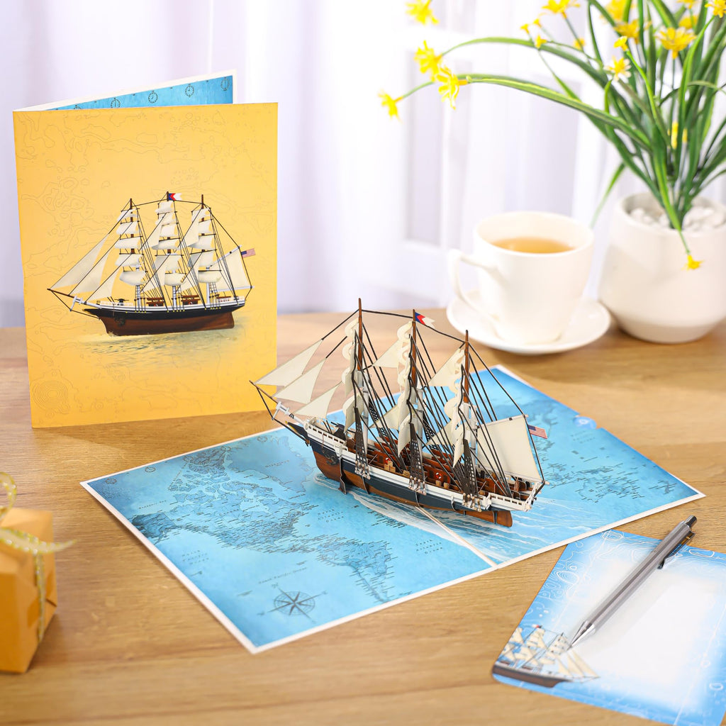 Sailboat Pop Up Fathers Day Card for Men, 3D Ship, Ocean, Handmade Birthday Card, Ideal Gift for Father's Day, Retirement, Friendship for Dad, Husband, Grandfather, Men, Coworker, Boaters,Ocean Lovers