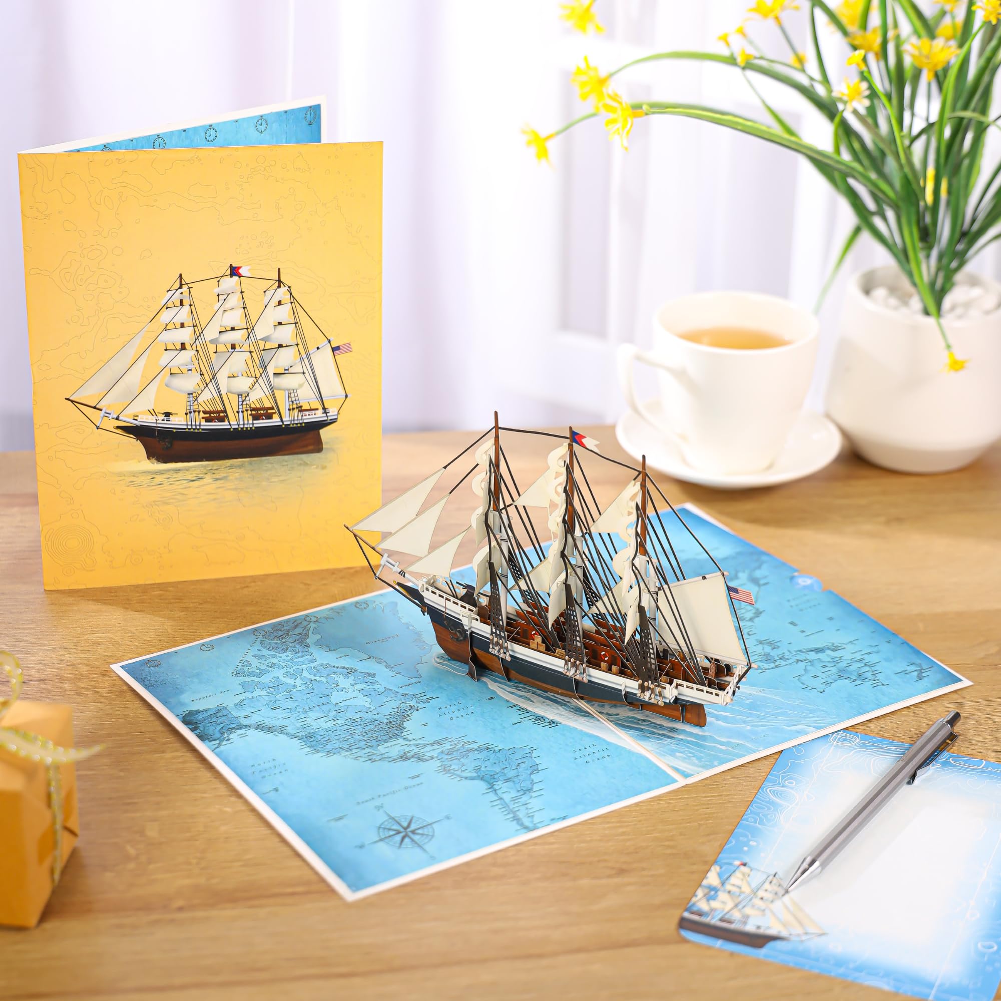 Sailboat Pop Up Fathers Day Card for Men, 3D Ship, Ocean, Handmade Birthday Card, Ideal Gift for Father's Day, Retirement, Friendship for Dad, Husband, Grandfather, Men, Coworker, Boaters,Ocean Lovers