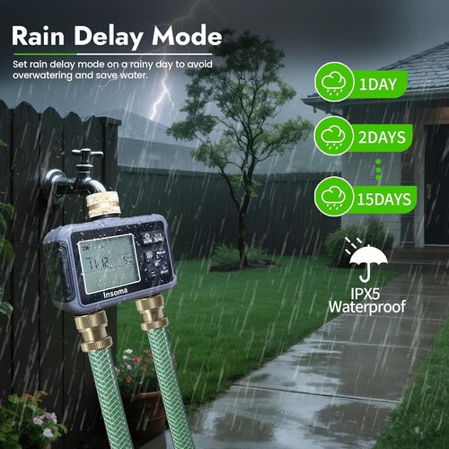 Insoma Water Timer - Brass Inlet & Outlet | 2-Zone Outdoor Hose Timer with Auto/Manual/Rain Delay for Garden