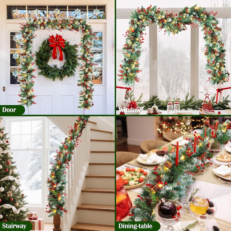 Lewondr 9ft Prelit Christmas Garland with Cedar, Pine Cones & 50 LEDs - Cedar Green (Variation of Cedar Green)