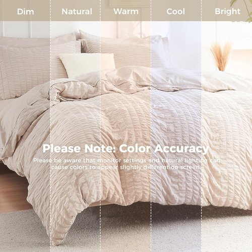 HYMOKEGE California King Comforter Set - 7-Piece Seersucker Luxury Bedding Set in Beige | All-Season Comfort