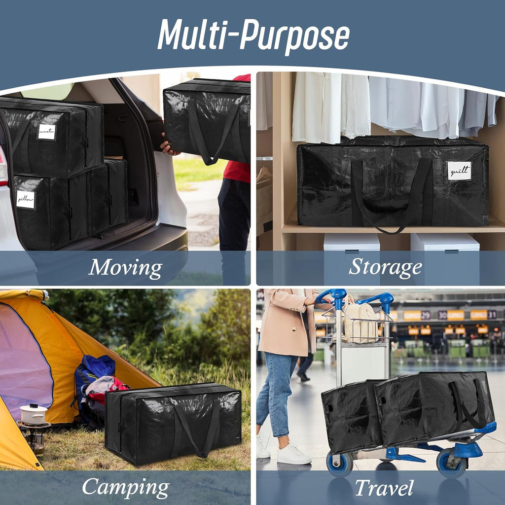 Skiennix 6 Pack Extra Heavy Duty Moving Bags - Strong Zipper & Comfortable Handles | Durable Black Storage Totes