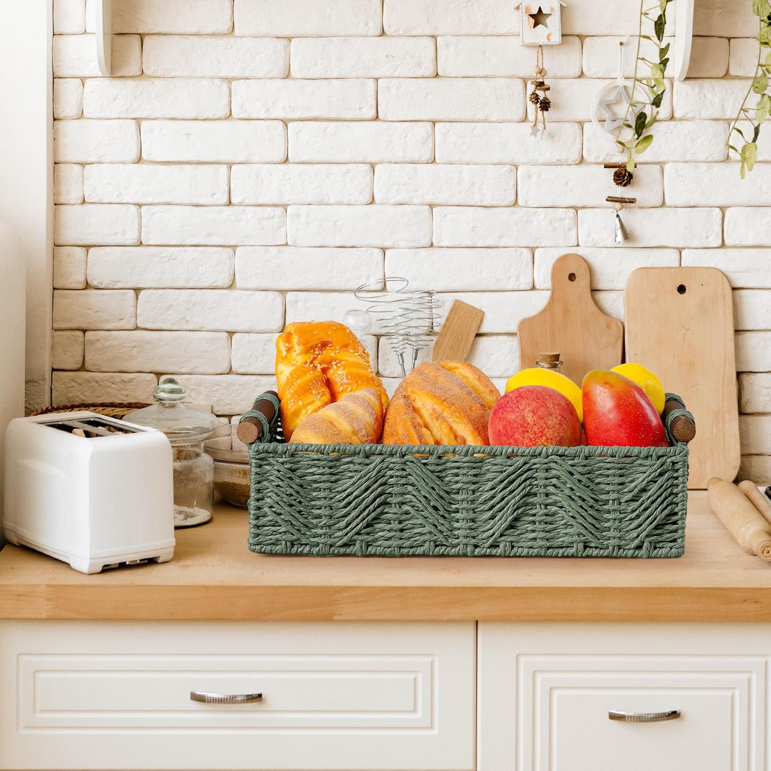 Skiennix Bathroom Baskets - Decorative Organizing Set with Handle for Countertop Storage | Green