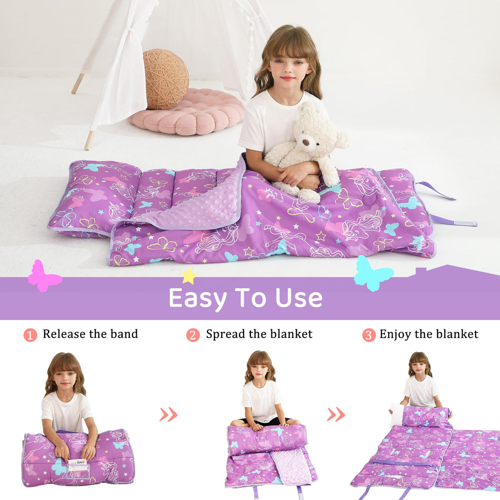 Toddler Nap Mat for Preschool 50''x30'' Sleeping Mat with Removable Pillow and Minky Blanket for Kids Ages 3-7 Roll Up Soft Sleeping Bag for Boys Girls Kindergarten Daycare Sleepover - Purple Unicorn