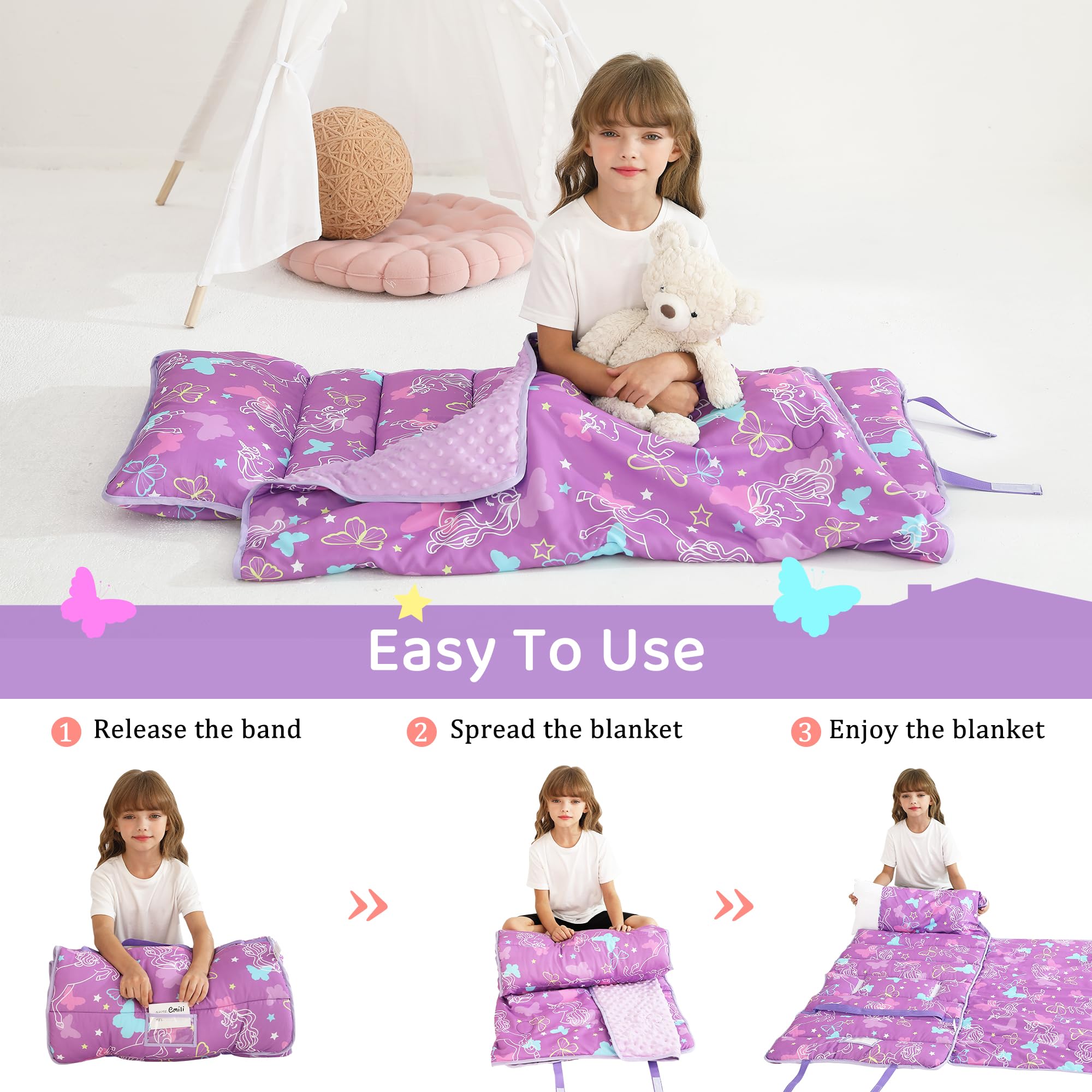 Toddler Nap Mat for Preschool 50''x30'' Sleeping Mat with Removable Pillow and Minky Blanket for Kids Ages 3-7 Roll Up Soft Sleeping Bag for Boys Girls Kindergarten Daycare Sleepover - Purple Unicorn