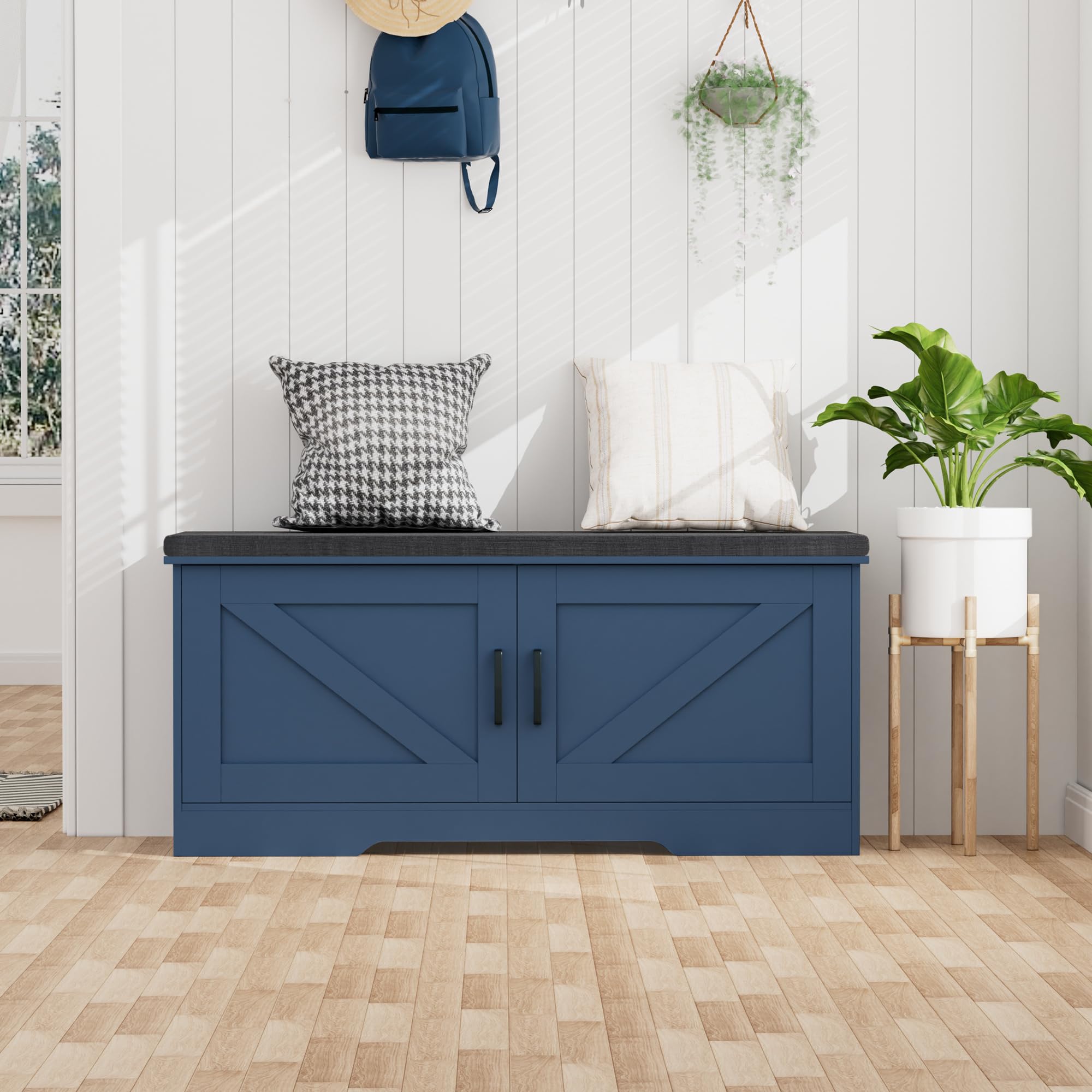 HOMSHO 2-Tier Storage Bench, 39.4" Wide Shoe Bench with Padded Seat Cushion, Entryway Bench with 2 Barn Doors and Adjustable Shelf, Blue