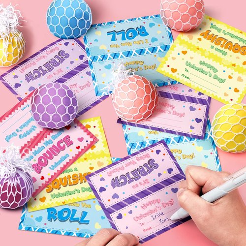 Valentines Day Gifts for Kids, 24 Pack Squeeze Stress Balls with Valentine Greeting Cards, Ideal Kids Exchange Gifts for School, Perfect Valentines Party Favors for Kids Boys Girls