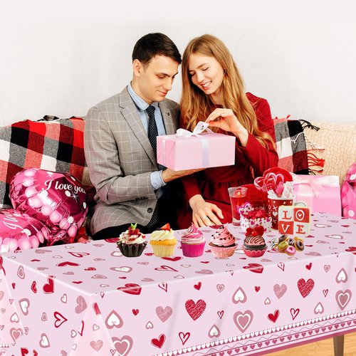 DUYIY Valentine's Day Table Cover 3 Pcs Pink Heart Print Tablecloth for Home Kitchen Dining Party Decor, Holiday Celebration, 54" x 108"