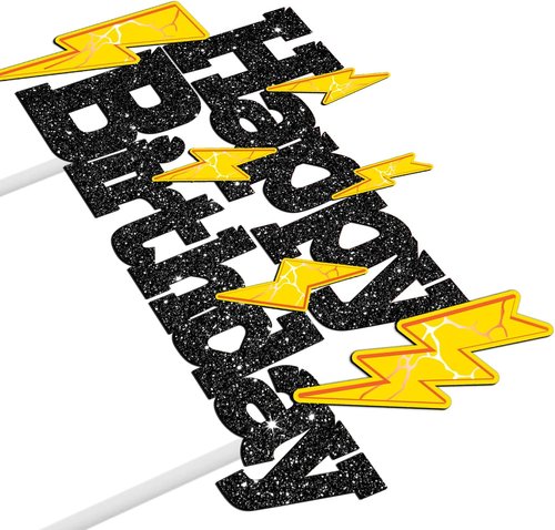 Glitter Black Lightning Bolt Cake Toppers - Happy Birthday Party Decorations for Kids | Weather Theme