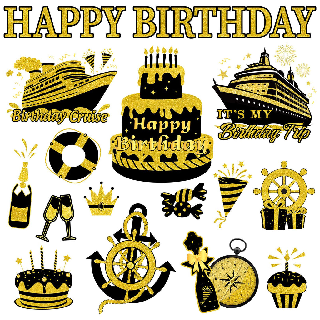 JarThenaAMCS Birthday Cruise Door Magnets Decoration Black Gold Happy Birthday Cruise Ship Magnetic Stickers for Cabin Ship Car Refrigerator Carnival Party Supplies, 16Pcs