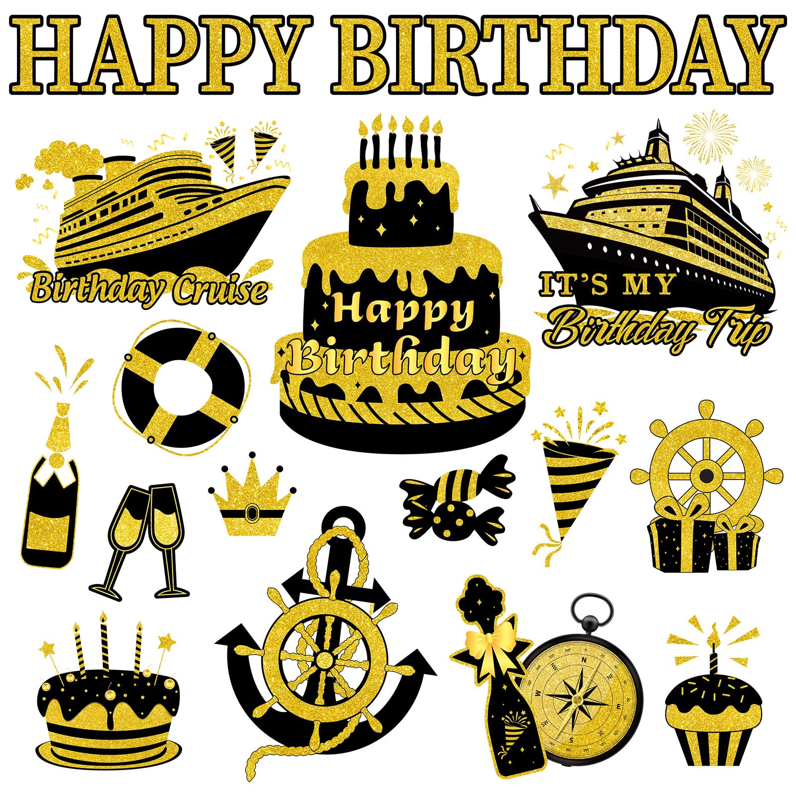 JarThenaAMCS Birthday Cruise Door Magnets Decoration Black Gold Happy Birthday Cruise Ship Magnetic Stickers for Cabin Ship Car Refrigerator Carnival Party Supplies, 16Pcs
