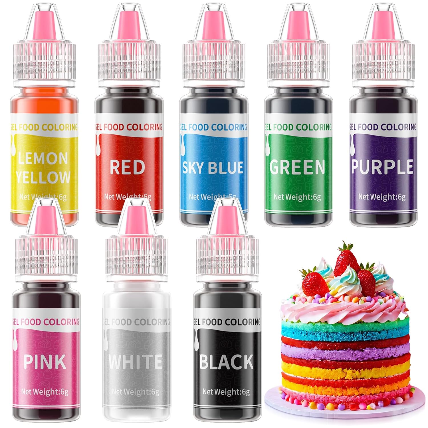 Skiennix Gel Food Coloring Set - 8 Vibrant Colors | Concentrated Edible Dye for Baking & Decorating - 6g/Bottle