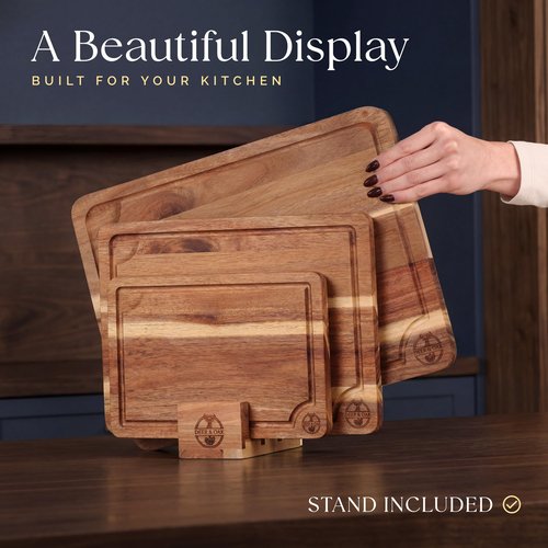 Pre-Oiled, Non Toxic 3-Piece Acacia Cutting Board Set with Stand, FSC Certified Wooden Chopping Boards, Includes 100ml Chopping Board Oil, 3 Size Wood Carving Boards for Home, BBQ Kitchens, Deer & Oak