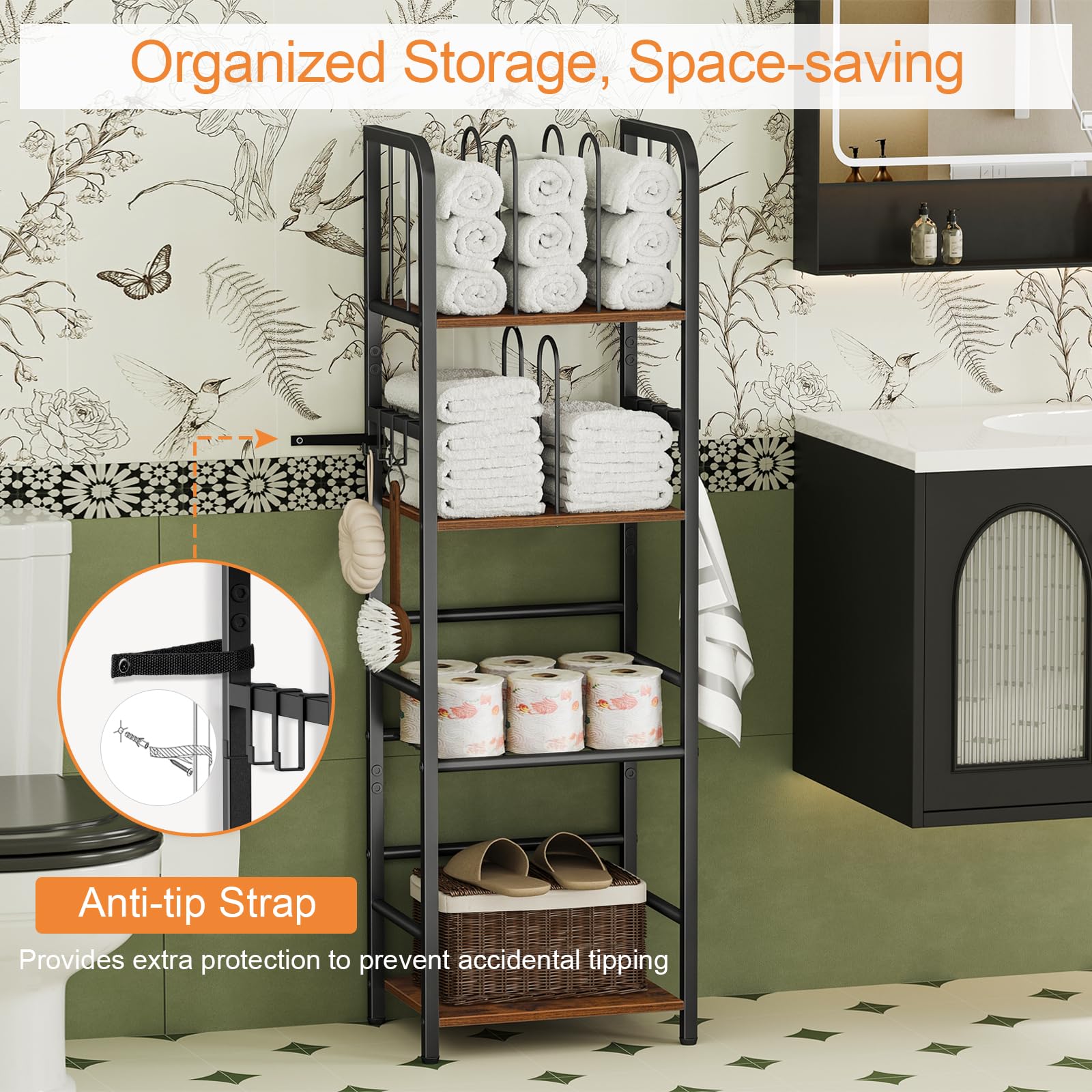 Snughome Towel Rack Free Standing 4-Tier M-Shaped Detachable Dividers, Metal Towel Storage Shelf for Bathroom, Pool Towel Rack Holder, Space-Saving Storage Organizer, Modern Bath Towel Storage Holder