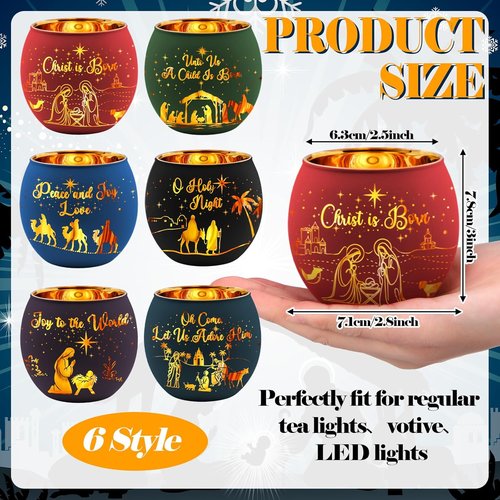 Jingmore Christmas Nativity Scene Votive Candle Holders - 6 Glass Holders with Flameless Candles & Engraved Patterns