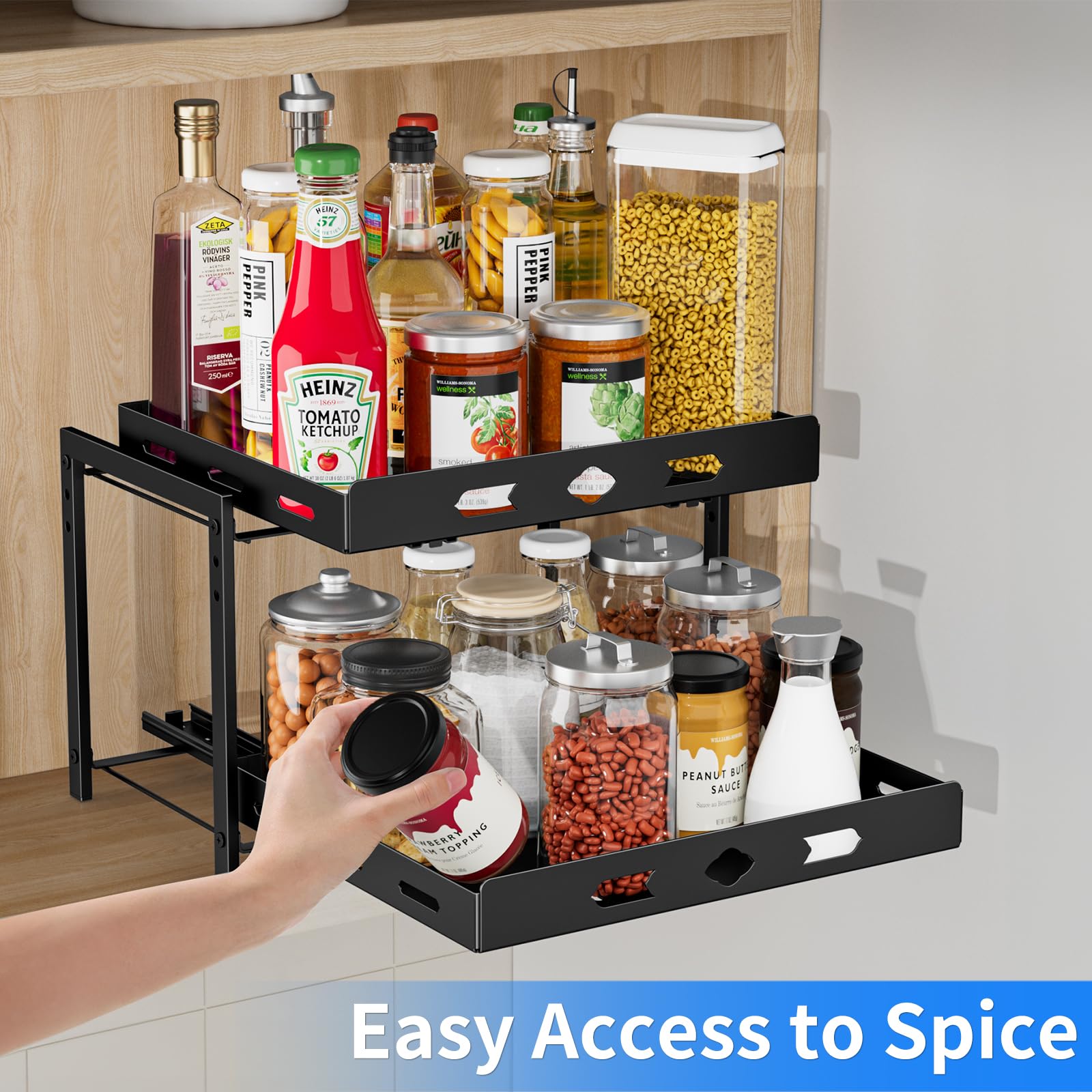 BOIVSHI Spice Organization for Cabinet, 2-Tier Cabinet Spice Rack, Height Adjustable Vertical Spice Rack Pull Out for Kitchen, Cabinet, Pantry (14.1''Wx10.8''Dx9.2''H, Metal Black)