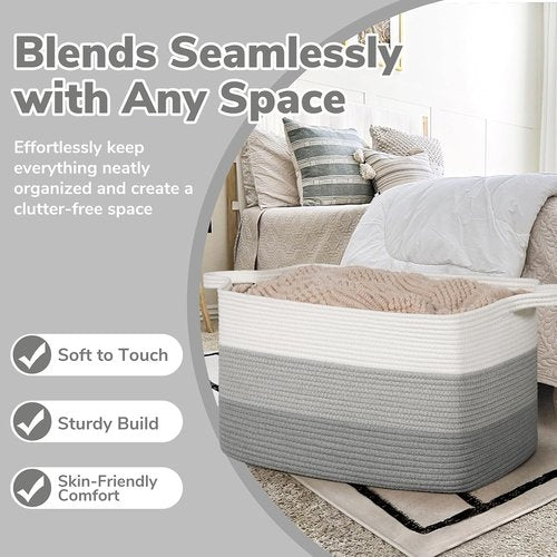 Goodpick Storage Basket - Large Woven Blanket Organizer | 21.6" x 14.9" x 11.8" | Gray Rope Design