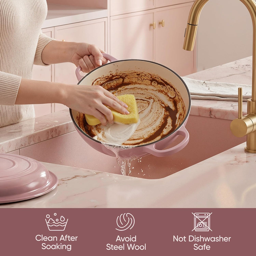 Skiennix Vintage Style Enameled Cast Iron Braiser - Non-Stick Dutch Oven Skillet with Lid, 3 Quart (Pink)
