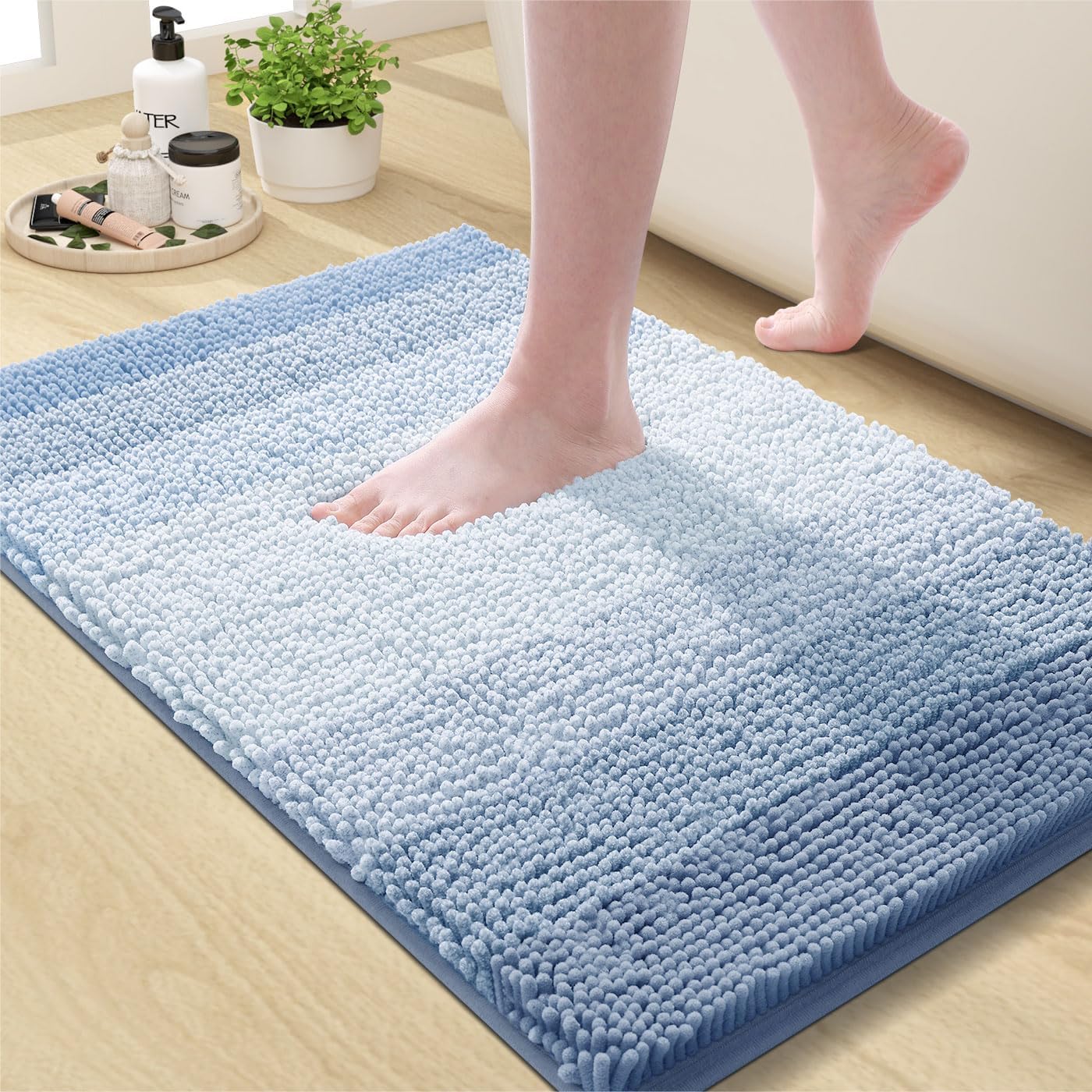OLANLY Bathroom Rug - Extra Soft Chenille Shaggy Mat | Non-Slip, Absorbent Bath Mat (24 x 16 Inch, Blue)