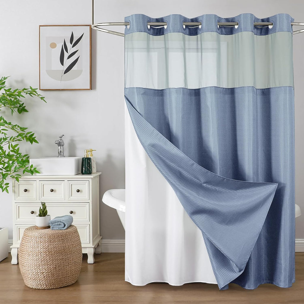Skiennix No Hook Shower Curtain - Heavy Duty Waffle Weave with Snap-in Liner | Waterproof 72 x 75 Inch, Moonlight Blue