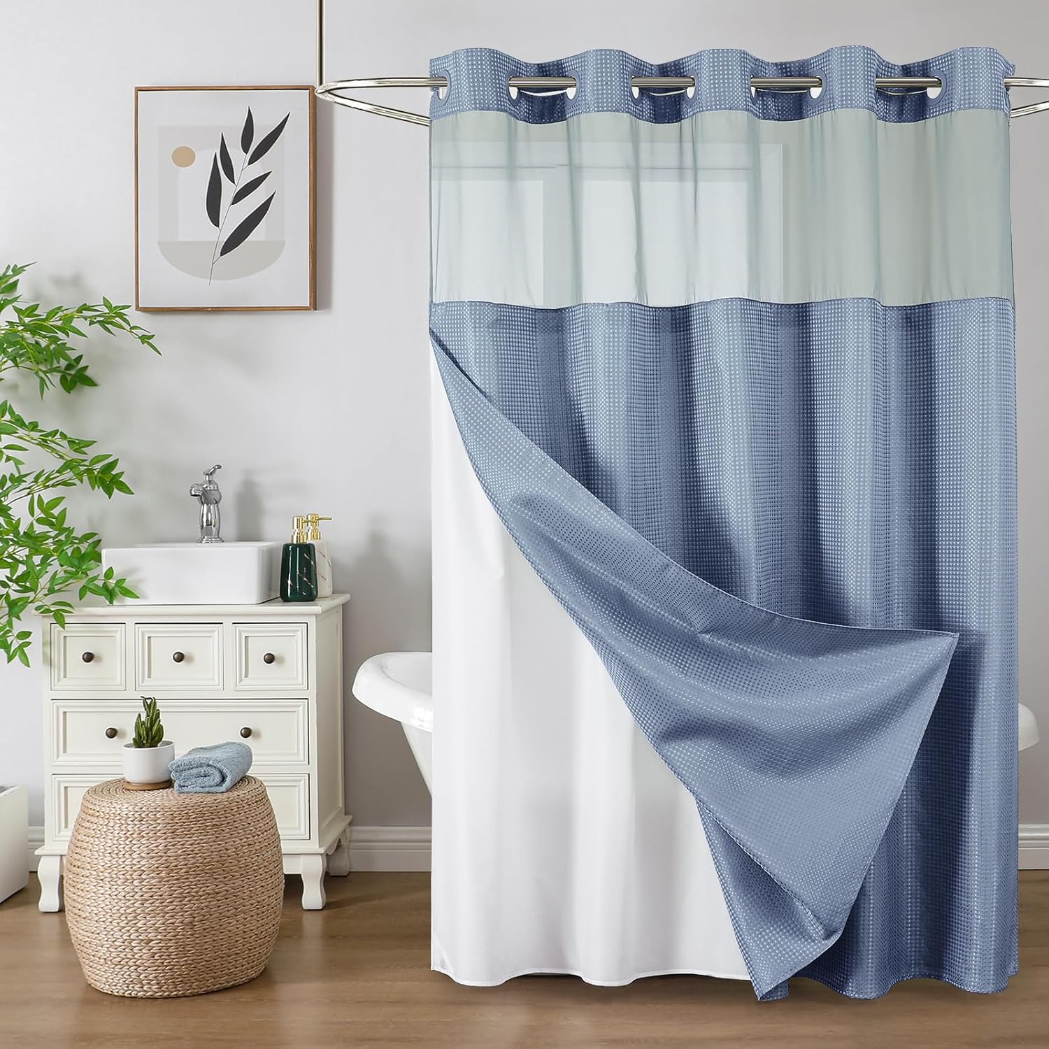 Skiennix No Hook Shower Curtain - Heavy Duty Waffle Weave with Snap-in Liner | Waterproof 72 x 75 Inch, Moonlight Blue