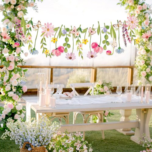 Butterfly Banner Wildflower Party Decorations Paper Flower Leaves Banner Butterfly Garland for Wall Decoration Spring Baby Shower Wedding Backdrop Decorations