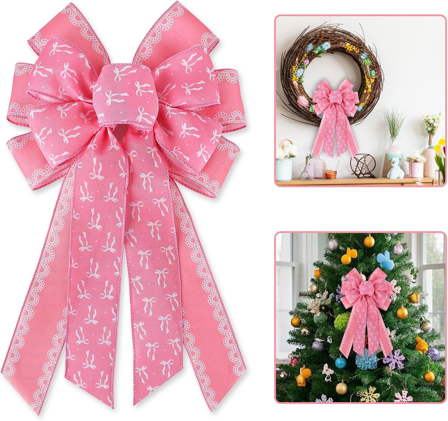 Pink Coquette Wreath Bow - Girly Lace Burlap Ribbon for Front Door & Birthday Party Decor | Large Wired Design