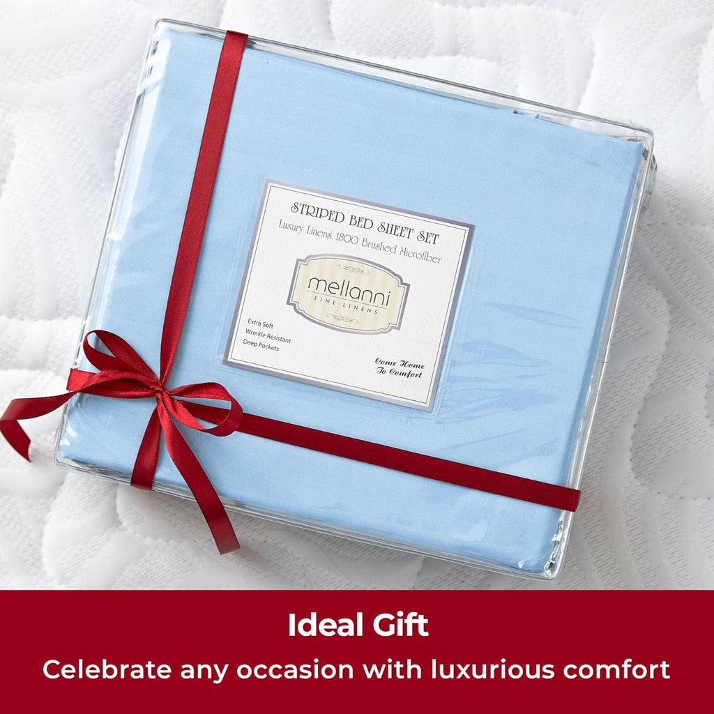 Mellanni Twin XL Sheets Set - 3 PC Hotel Luxury Bedding | Extra Soft, Cooling, Wrinkle-Resistant (Striped Light Blue)
