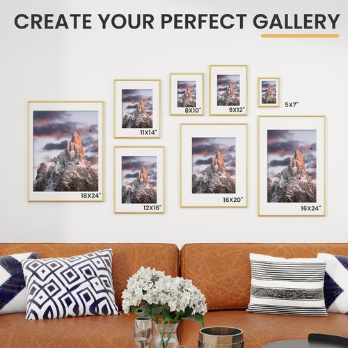 FLYJOE 9x12 Picture Frame, Display Pictures 6x8 with Mat or 9x12 Without Mat, Wall and Tabletop Display Photo Frame, Gold, 1 Pack