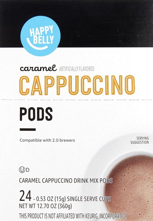Happy Belly Cappuccino Coffee Pods - Light Roast Caramel Flavor | 24 Count Compatible With K-Cup Brewers