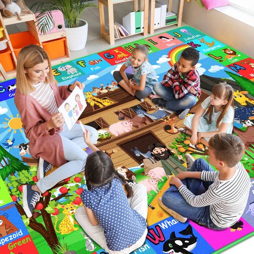 DINSUMRUG ABC Kids Rug for Playroom 59×39.4 in Noah's Ark Animals Rug Baby Play Mat Alphabet Mat Shape Color Classroom Carpet Kids Playroom Early Learning Carpet for Preschool Toddlers Tummy Time