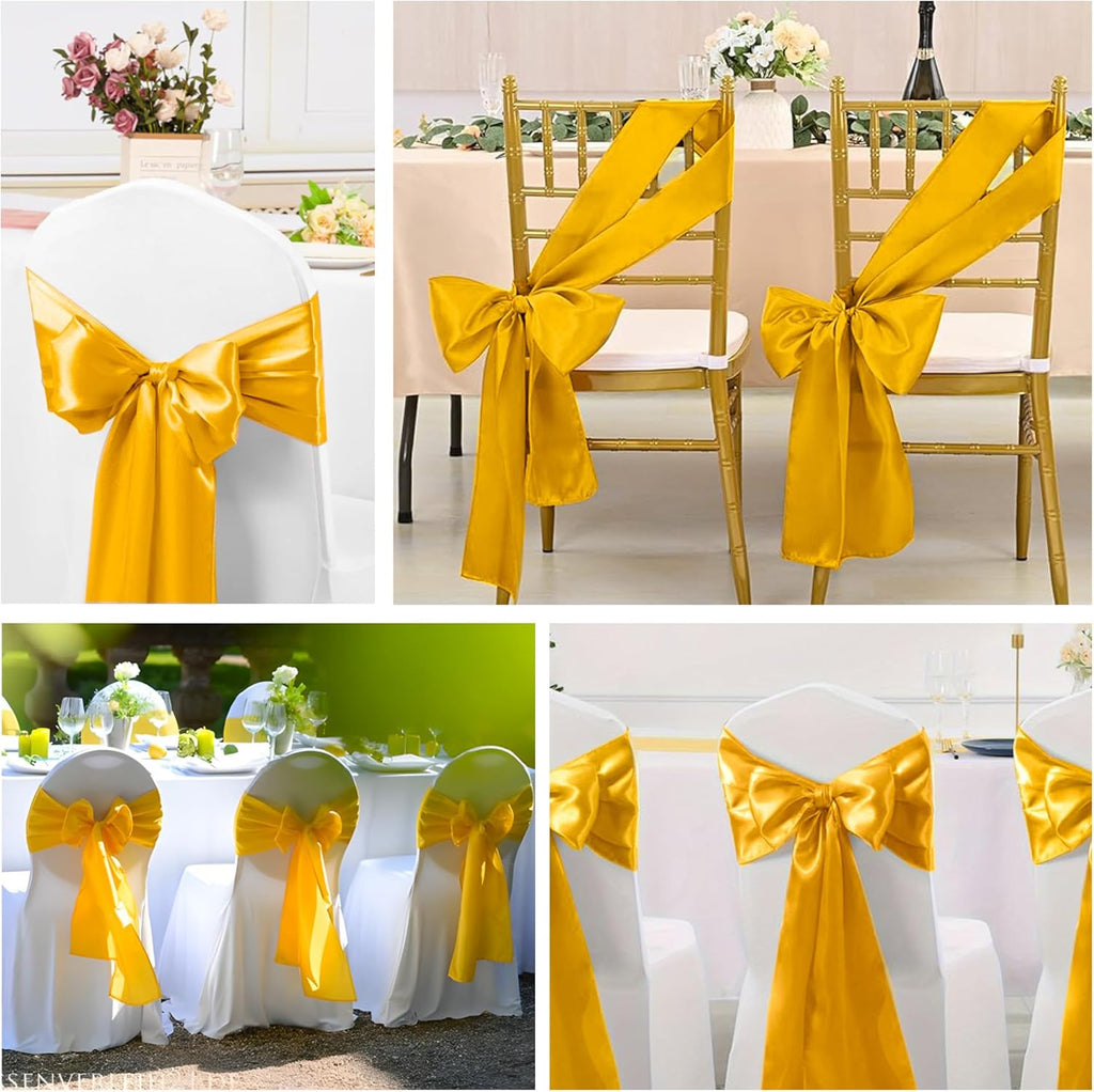 Regine Switzerland Satin Chair Sashes - 50 Pcs Gold Ribbon Bows for Weddings & Events | 7x108 Inch