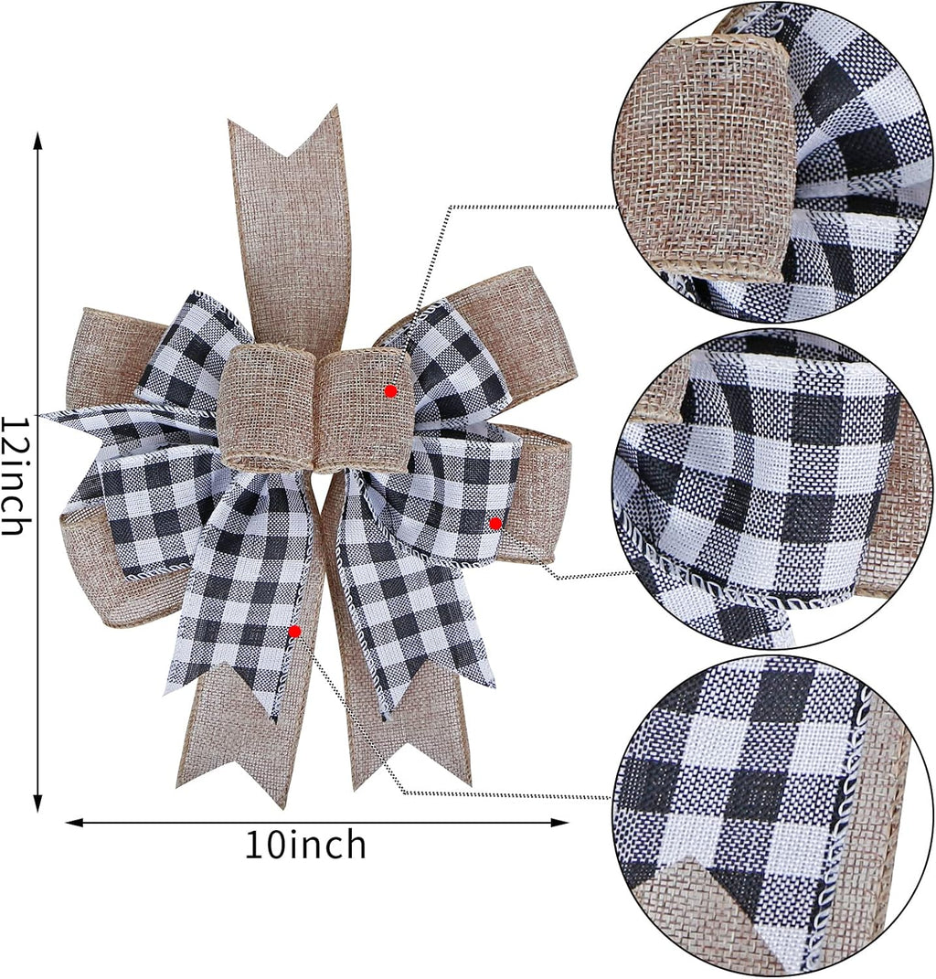 SIMISI Ribbon Buffalo Plaid Bow - Black & White Burlap Wreath Decor (9.5 x 13 Inch)