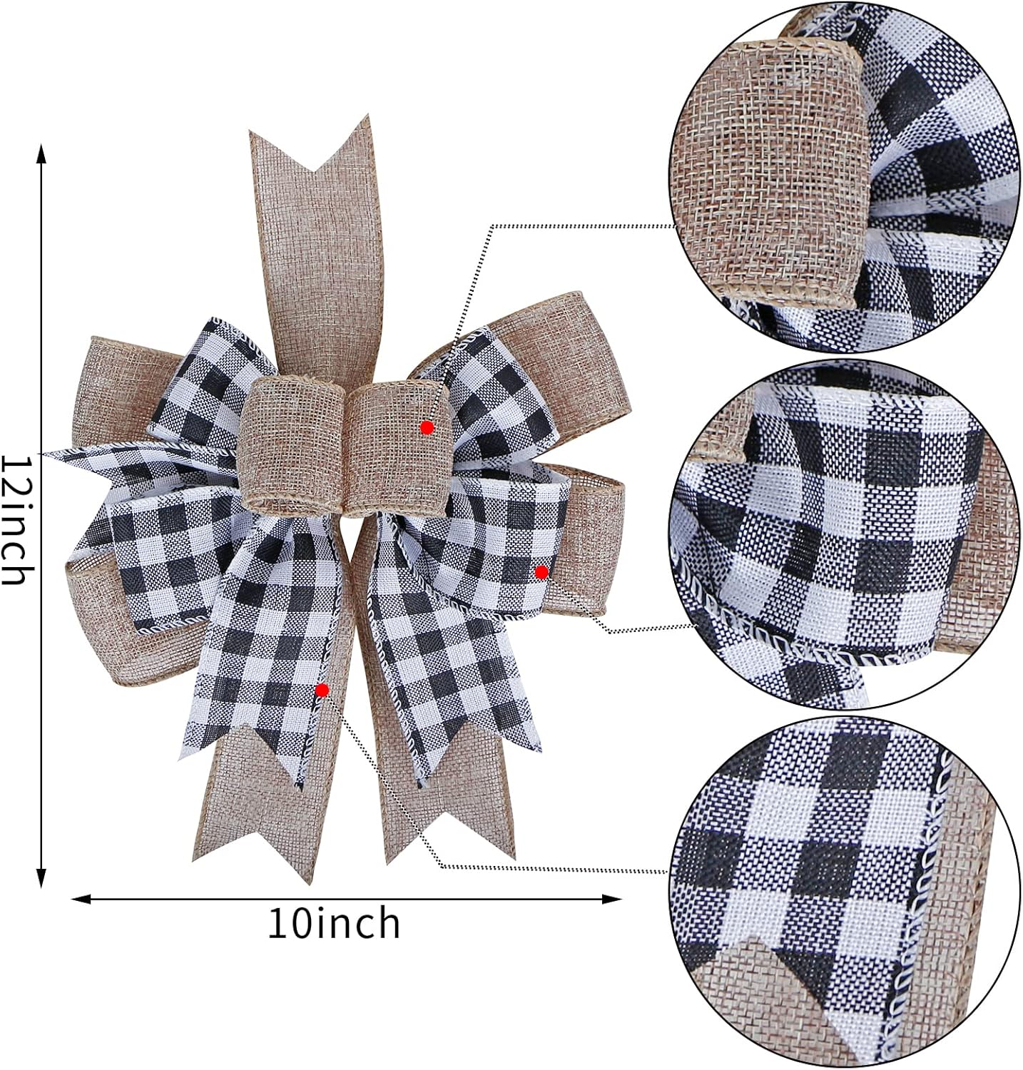 SIMISI Ribbon Buffalo Plaid Bow - Black & White Burlap Wreath Decor (9.5 x 13 Inch)