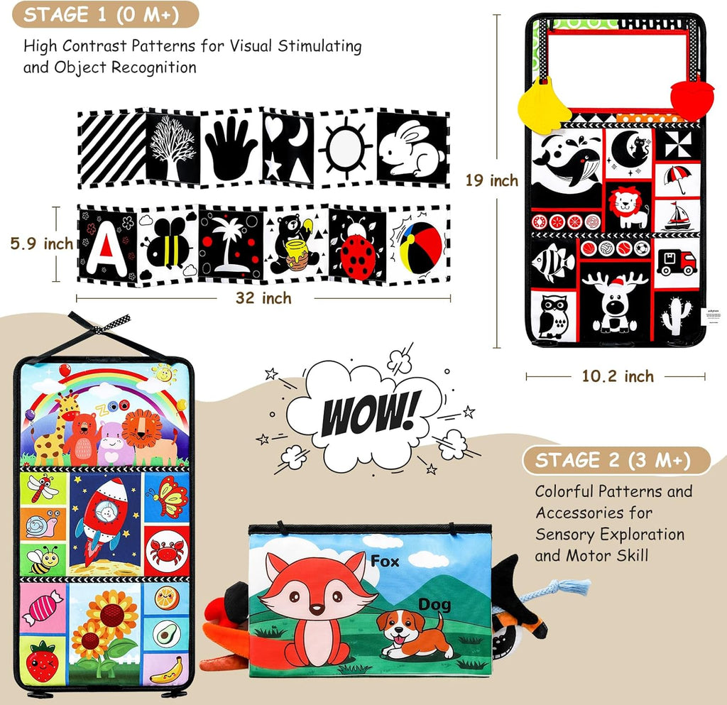 Skiennix 3PCS High Contrast Baby Toys - Tummy Time Mirror & Crinkle Cloth Teether for Newborns