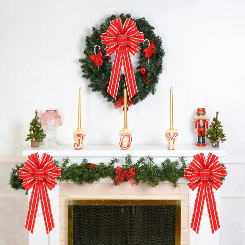 RoseCraft 2PCS Red/Gold Christmas Bow, 9”x13” Large Velvet Christmas Tree Topper Bow Ornaments for Home Xmas Tree Wreath Fence Stairs Railing Fireplace Front Door Party Valentine's Day Decoration.