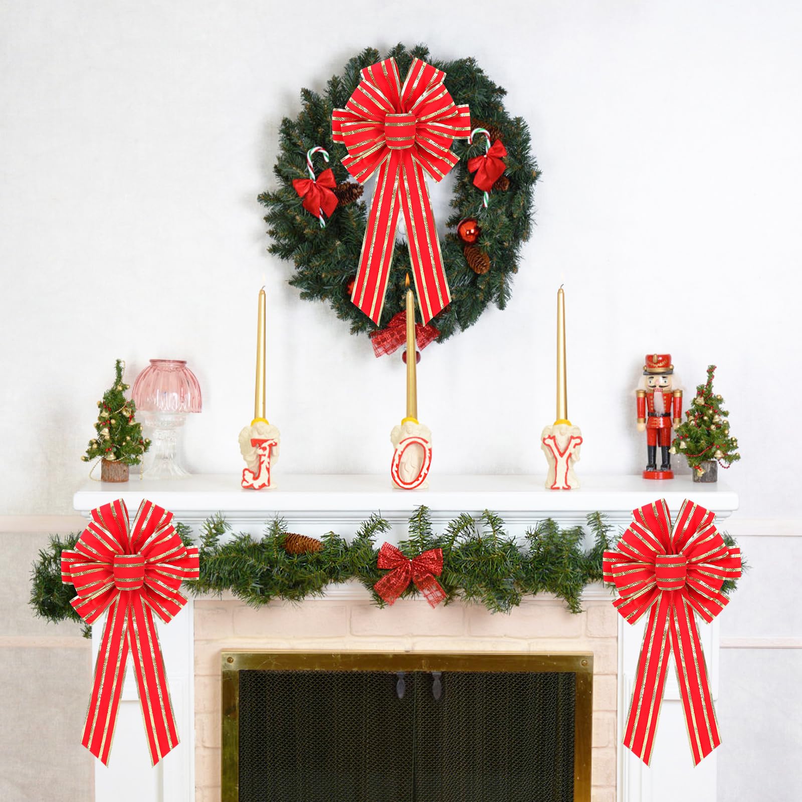 RoseCraft 2PCS Red/Gold Christmas Bow, 9”x13” Large Velvet Christmas Tree Topper Bow Ornaments for Home Xmas Tree Wreath Fence Stairs Railing Fireplace Front Door Party Valentine's Day Decoration.