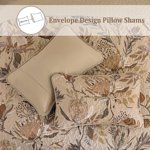 Dintszyayue King Size Quilts Brown, 3 Pieces Boho Floral Bedspread Bedding for King Size Bed, Soft Lightweight Microfiber Coverlet Set for All Season Quilt with 2 Pillowcases