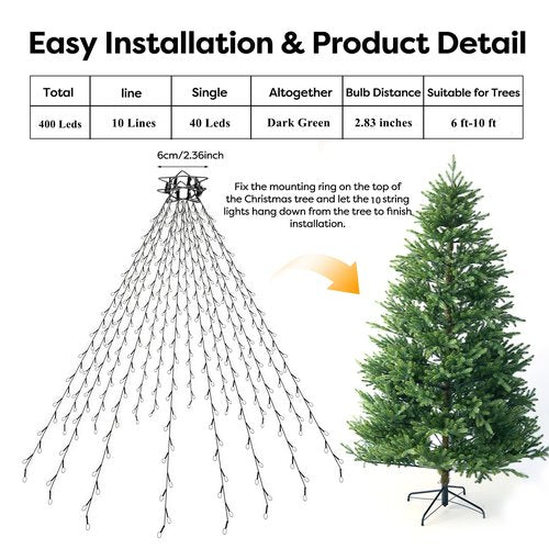 Christmas Tree Lights with Remote 400 LED 10 Lines Christmas Lights for Tree with 8 Lighting Modes, Timer and Memory, Indoor Outdoor String Lights for 6 ft-10 ft Xmas Tree Decorations(WarmWhite)