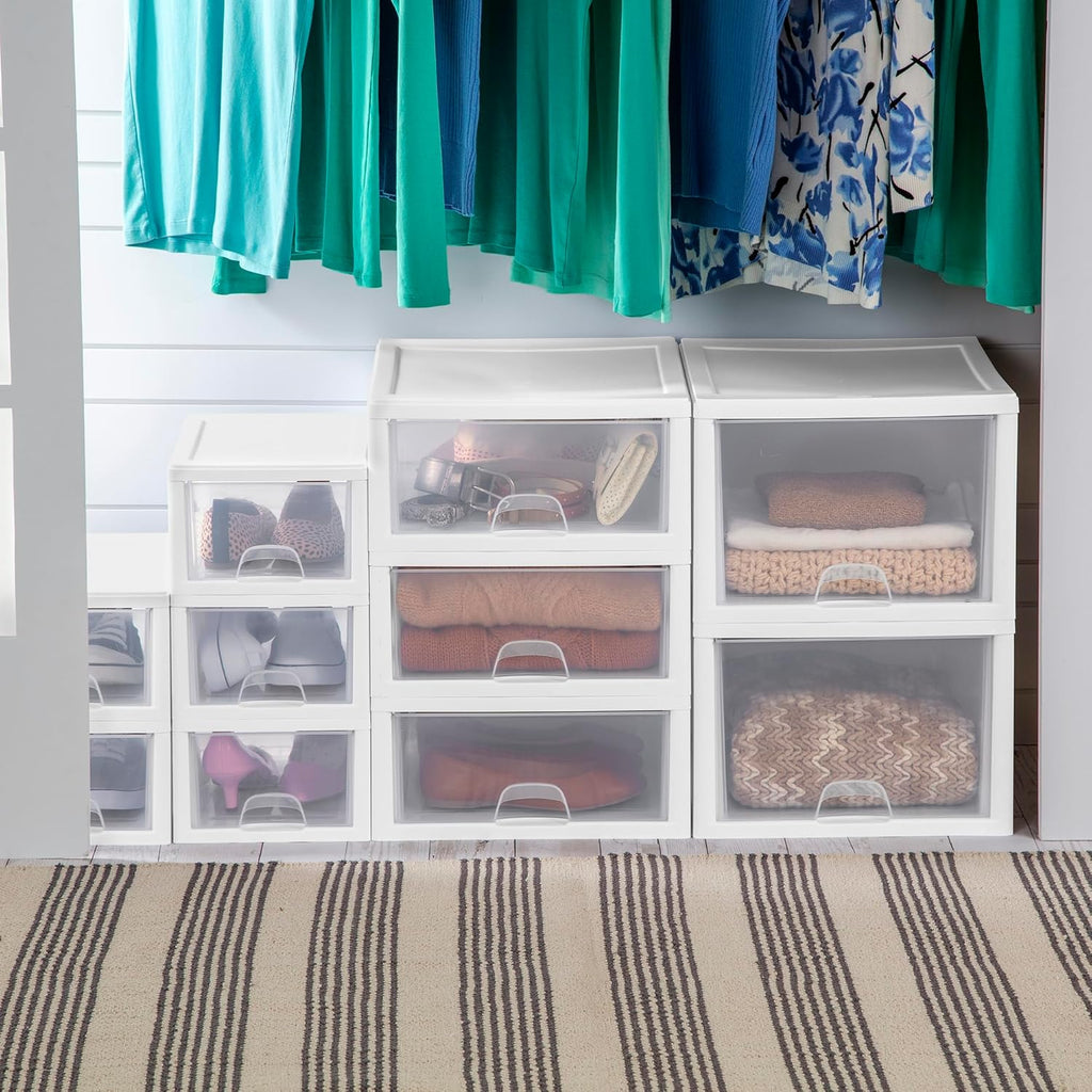 Sterilite 6-Pack Stacking Drawer Set - Clear Storage Organizers with White Frame for Clothes & Accessories