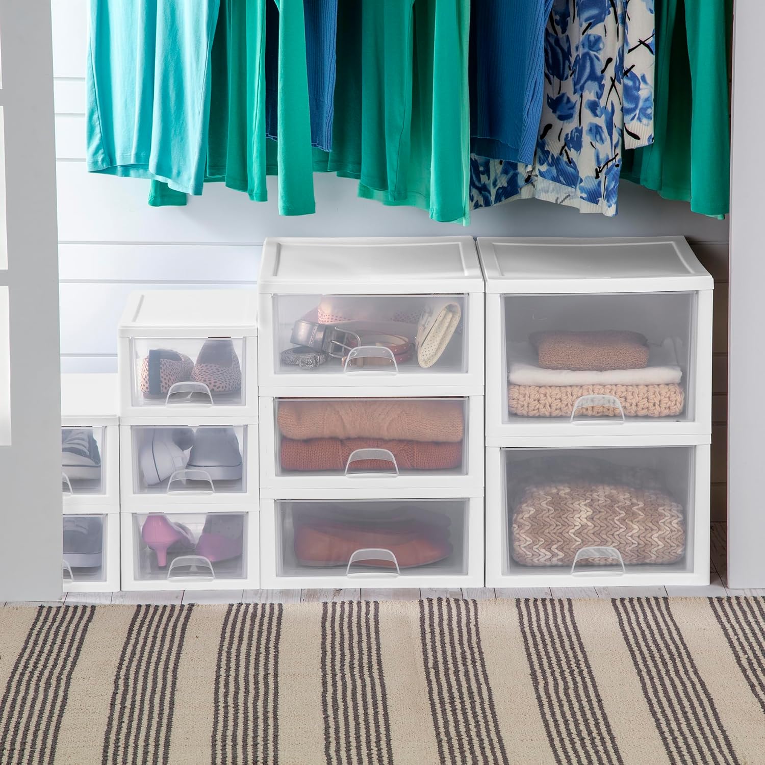 Sterilite 6-Pack Stacking Drawer Set - Clear Storage Organizers with White Frame for Clothes & Accessories