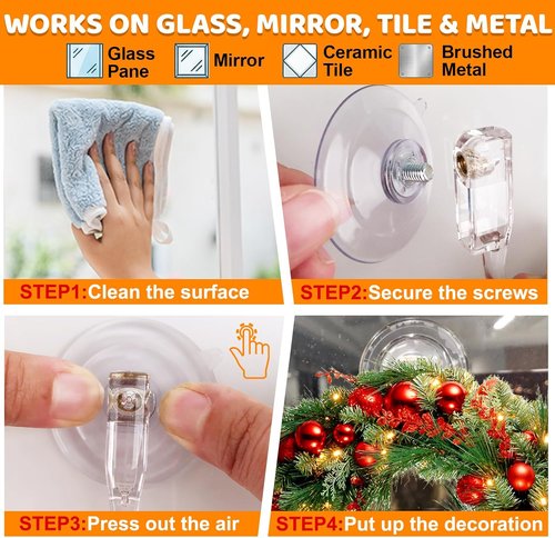 HEYHOUSE Wreath Hangers - Clear Suction Cup Hooks for Front Door & Window | Removable & Reusable, 4 Pack