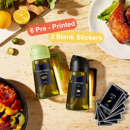 CXINYI - 16oz Olive Oil Dispenser with Stickers | 2-in-1 Sprayer for Cooking & Salad, Black & Green