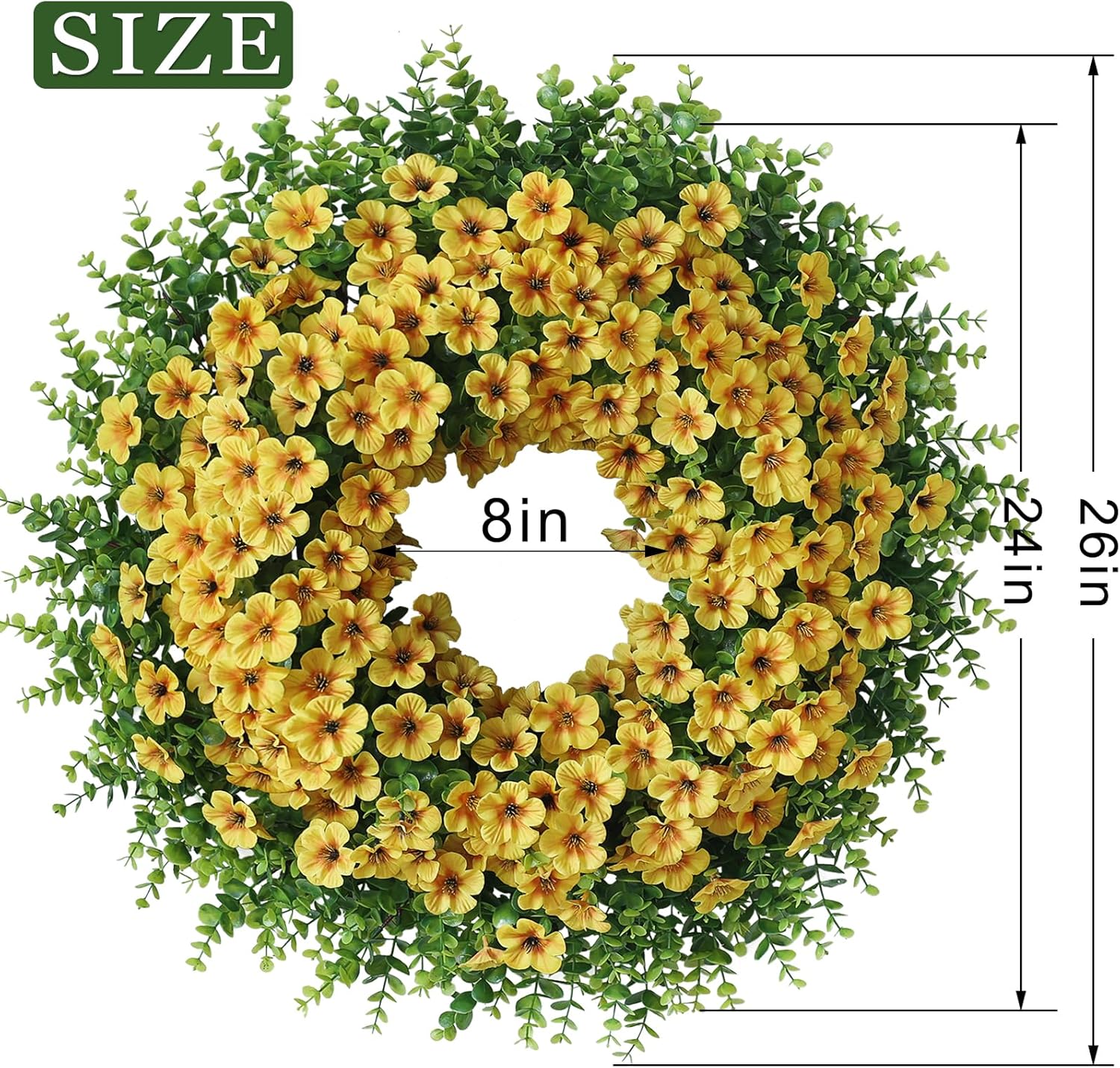 Skiennix 26" Large Artificial Eucalyptus Wreath - Realistic Faux Silk Morning Glory Flowers for Home & Wedding Decor (Yellow)