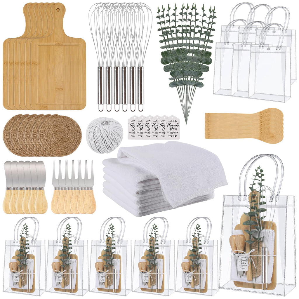 67Pcs Baby Shower Prizes for Game Winners Baby Shower Games Prizes 6 Sets Bamboo Cheese Board Spoon Fork Knives Towel Rattan Coasters Artificial Eucalyptus Stems Thank You Card Stirrers Gift Bags