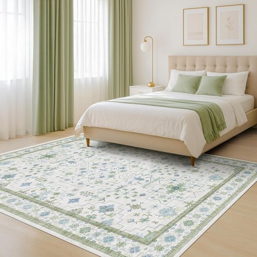 Hazo Haus Oushak Area Rug - Vintage Boho Floral Design, Washable 5x7 Blue & Green Non-Slip Rug