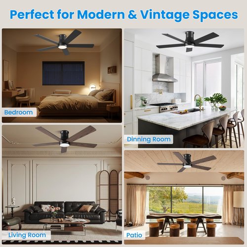 Autoday 52 Inch Low Profile Ceiling Fan with Light, Black Flush Mount Ceiling Fans with Lights and Remote, 6 Speeds Reversible Quiet DC, 3CCT Dimmable, Indoor Outdoor Ceiling Fans for Patios Bedroom