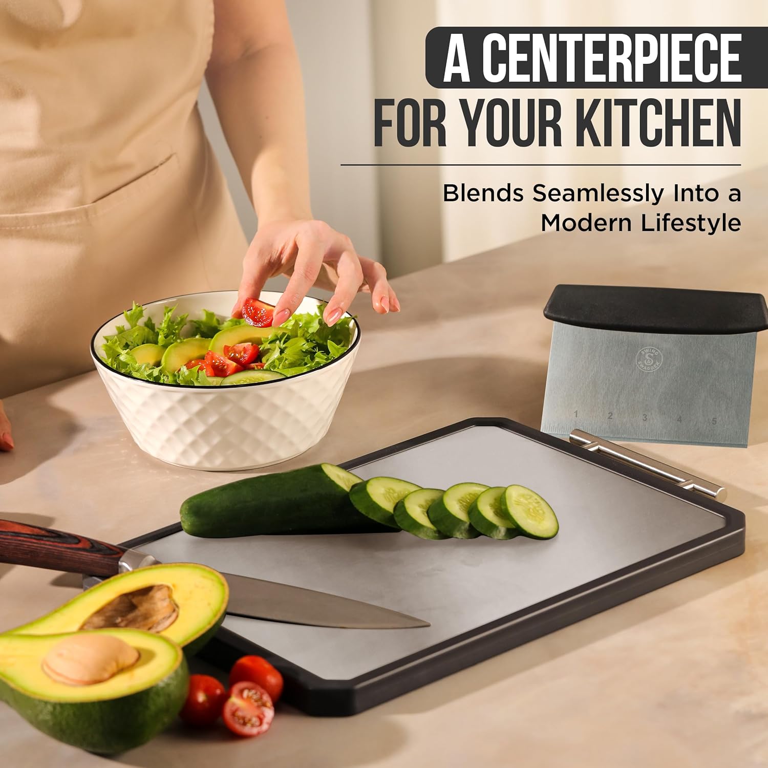 Titanium Cutting Board - Double-Sided Metal Kitchen Board with Scraper | 16” x 11” Large Prep Surface